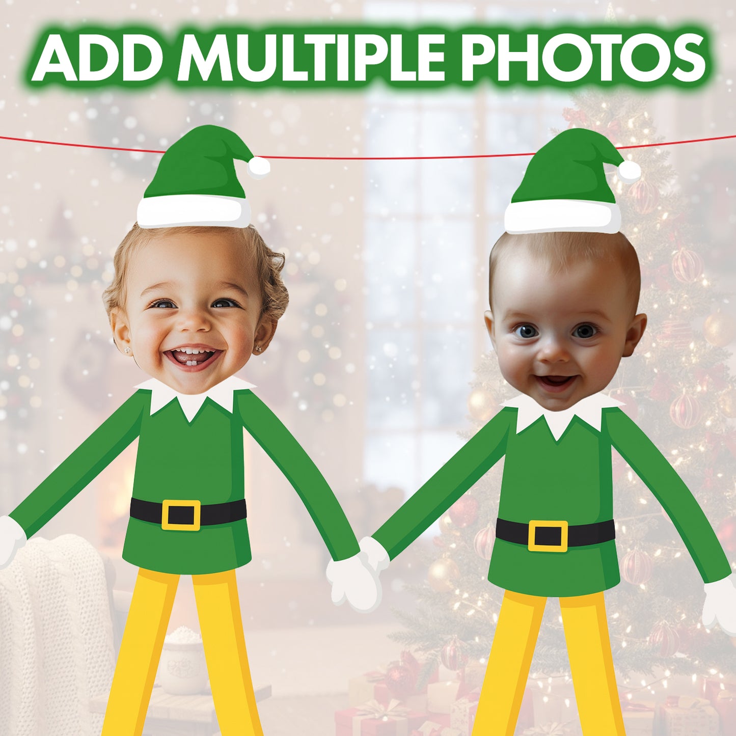 Personalised Buddy Elf on the Shelf Christmas Banner Custom Photo Face Bunting Xmas Decoration Green Yellow Buddy Garland Multiple Photos