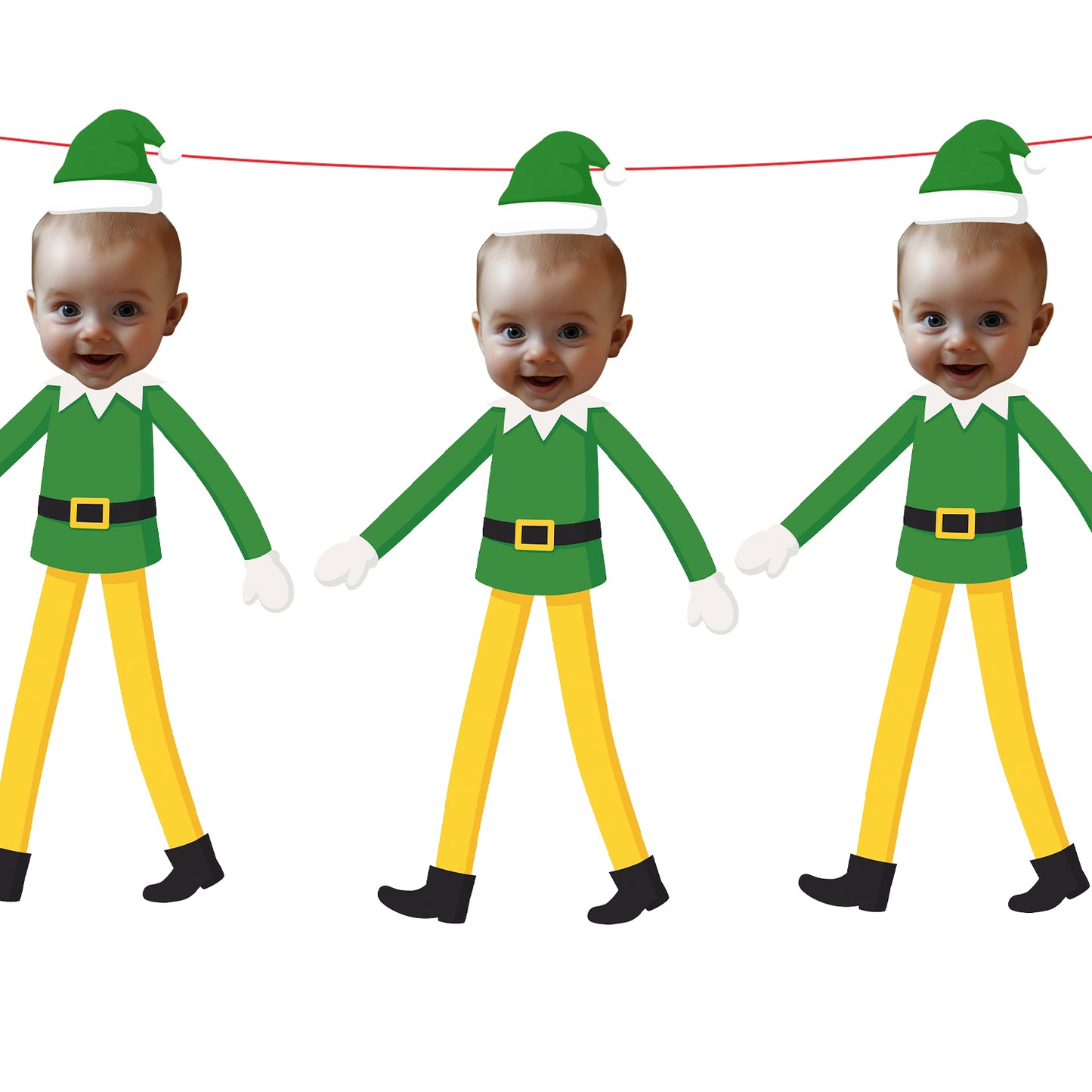 Personalised Buddy Elf on the Shelf Christmas Banner Custom Photo Face Bunting Xmas Decoration Green Yellow Buddy Garland