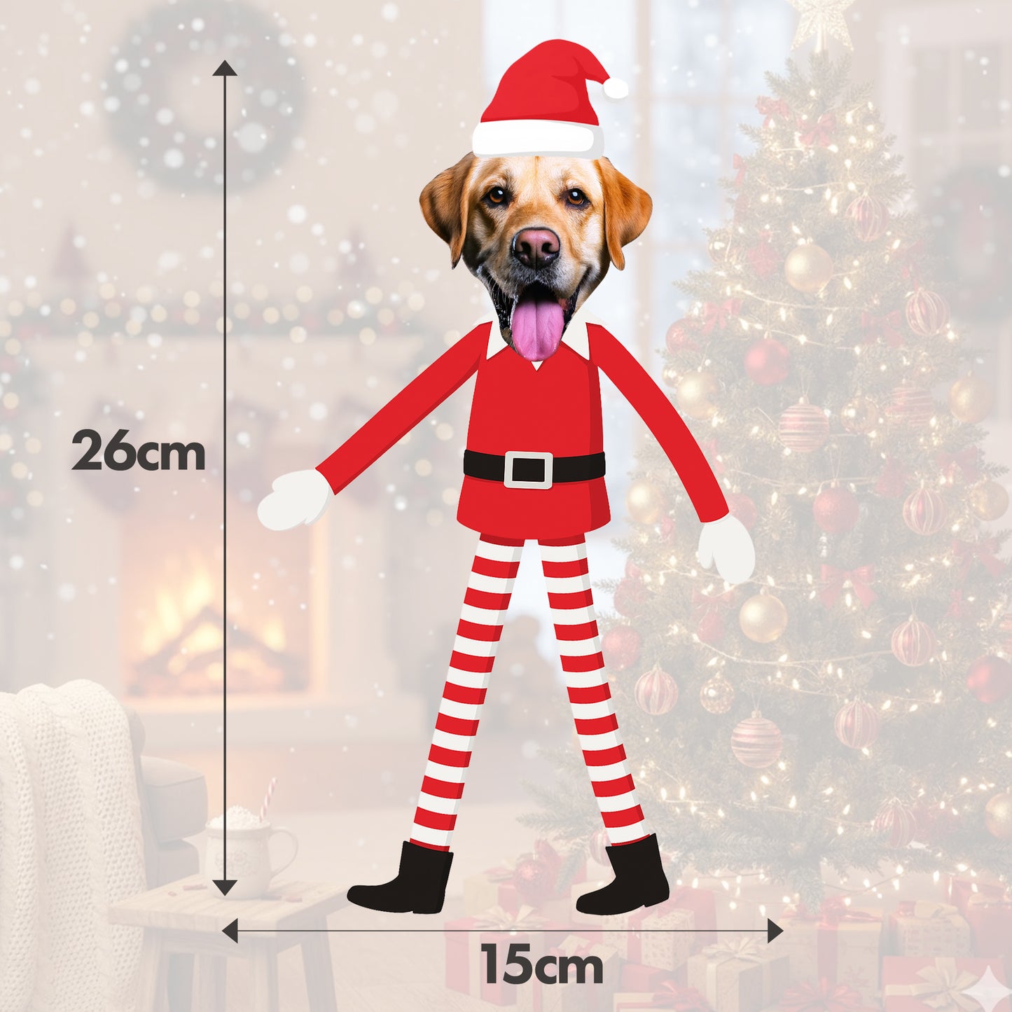 Personalised Pet Elf on The Shelf Banner Dog wearing a Christmas elf costume with measurements against a festive background