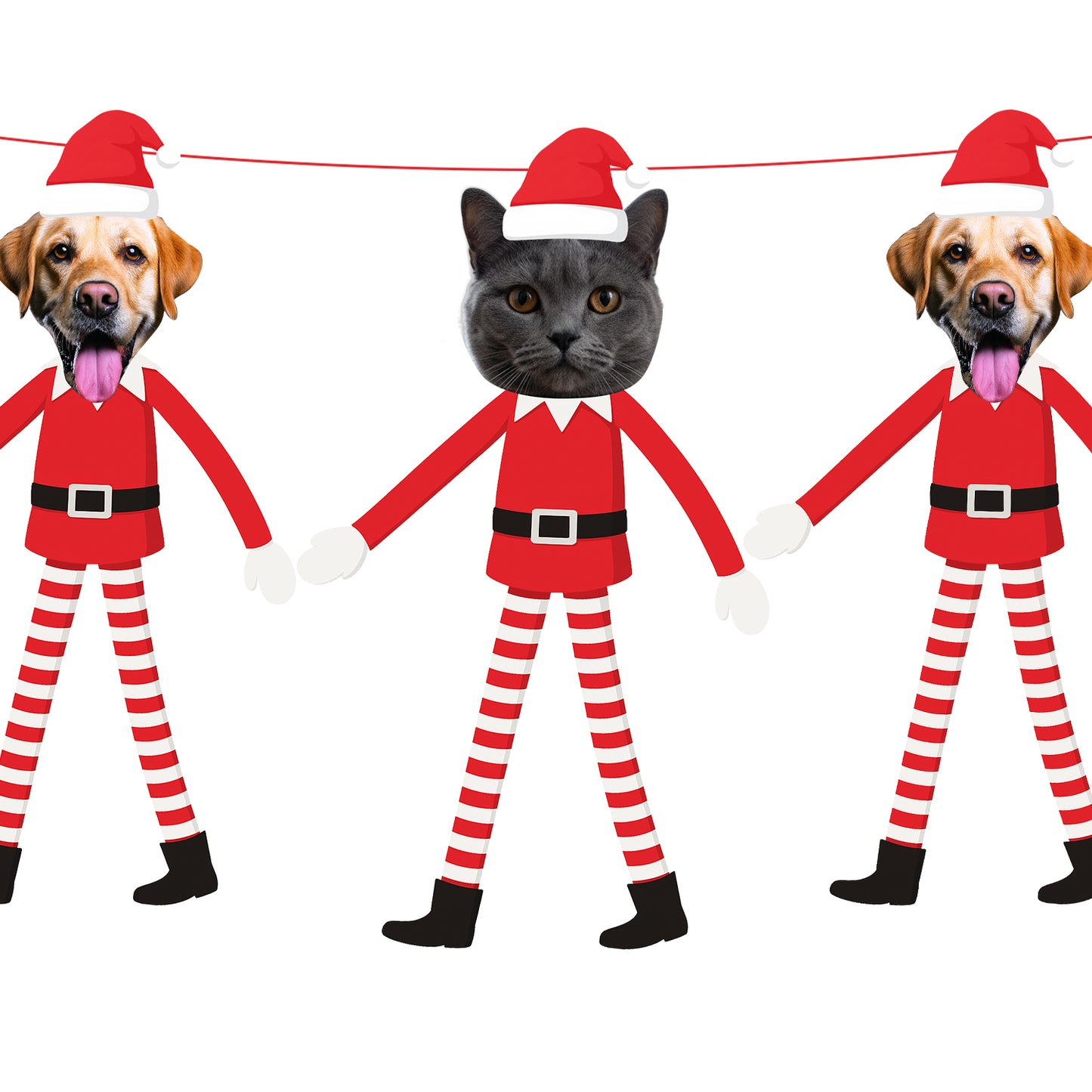 Personalised Pet Elf on The Shelf Banner Two dogs and a cat wearing red elf outfits with striped pants on a white background.