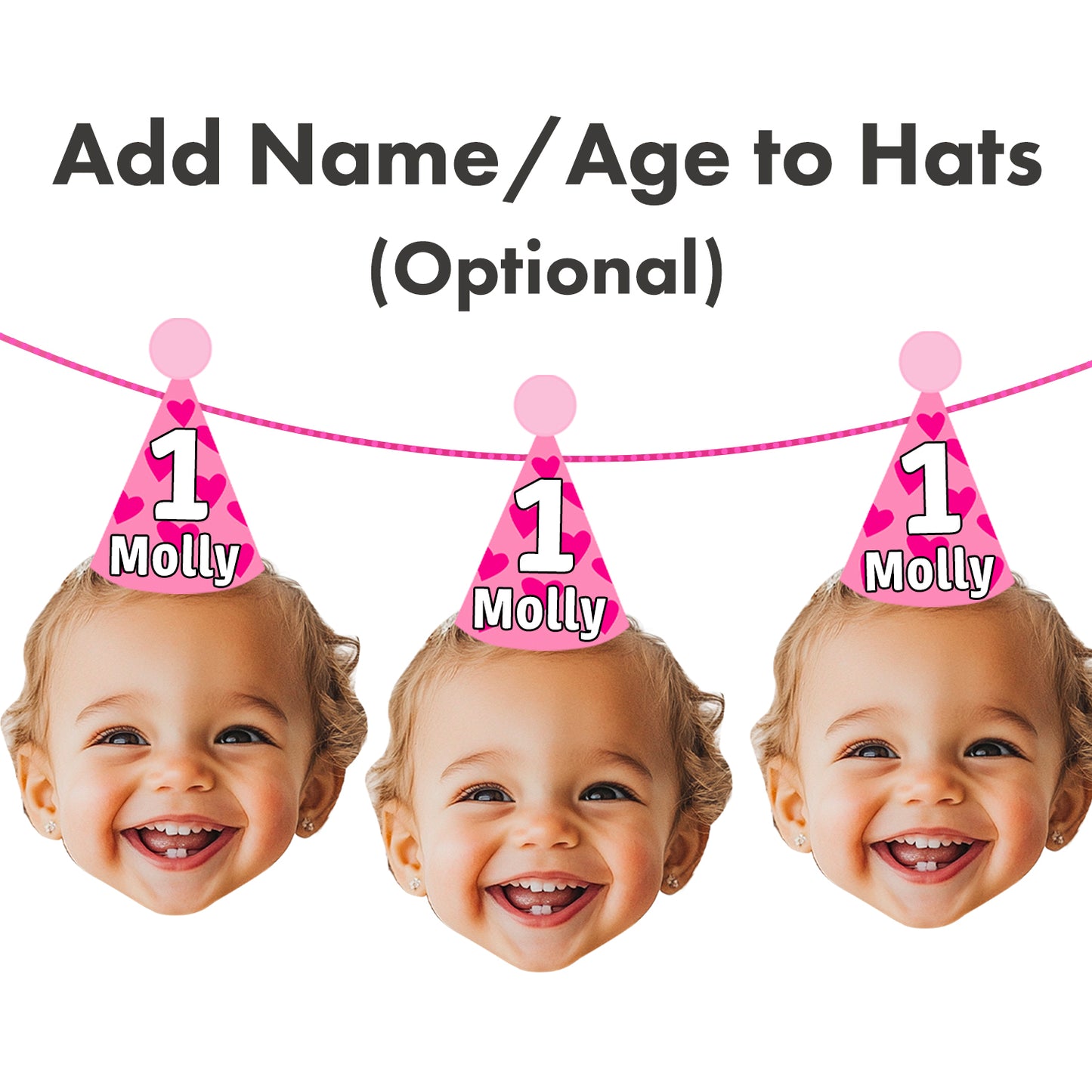 Personalised Pink Heart Birthday Party Banner Custom Photo Upload Add Name or Age