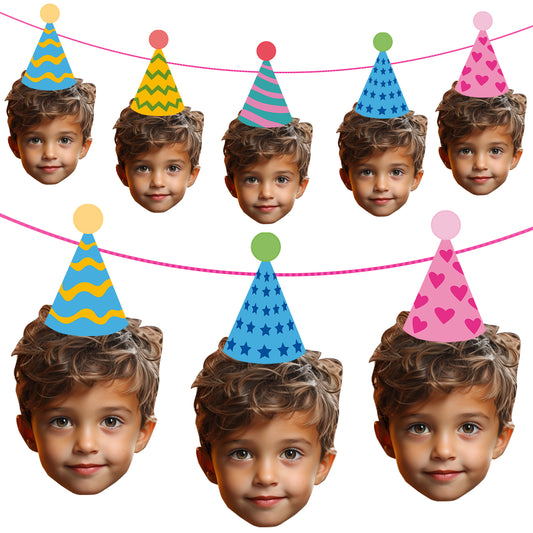 Personalised kids birthday party banner with custom photo faces wearing colourful party hats in fun designs – stripes, stars, hearts and zigzags – unique handmade bunting decoration.