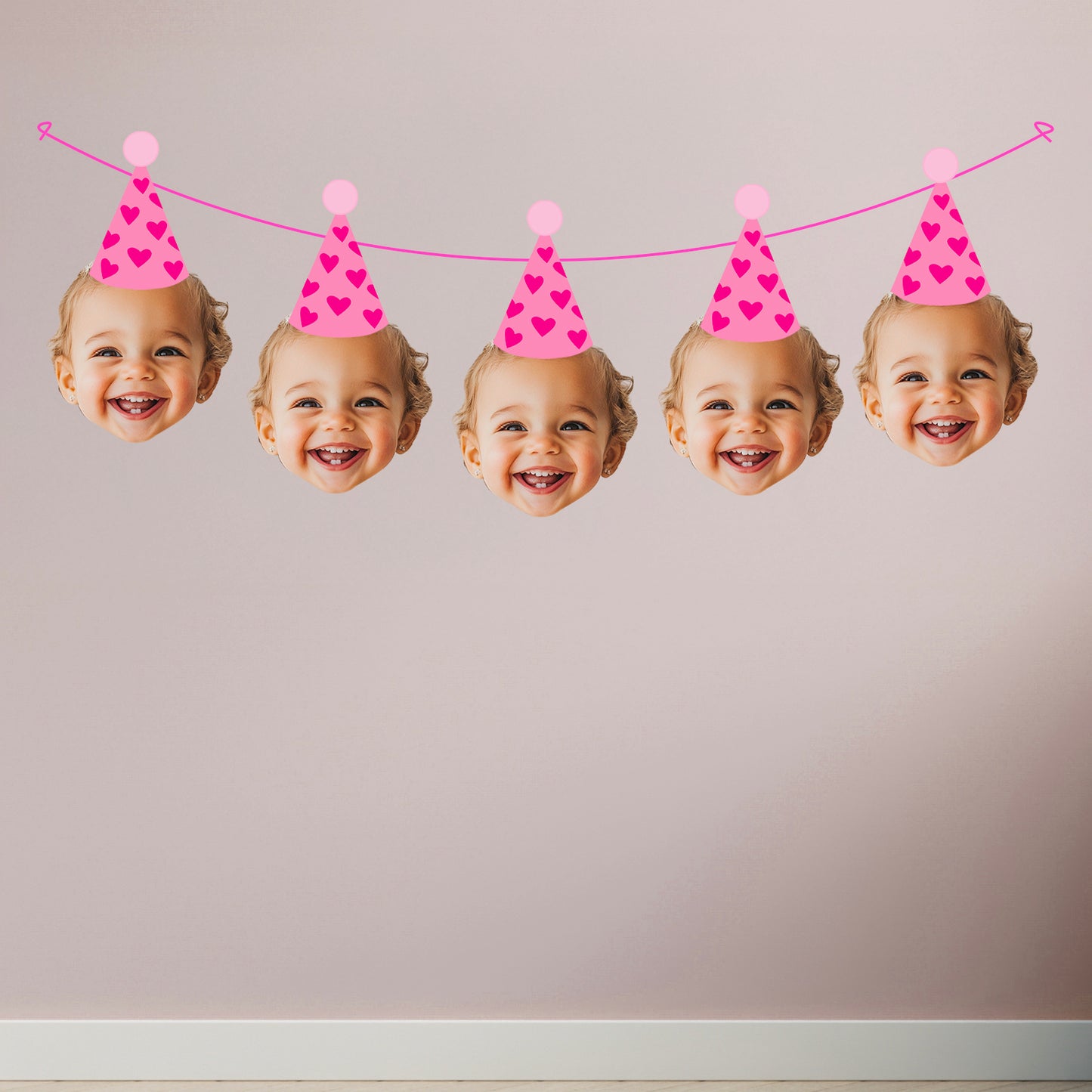 Personalised Pink Heart Birthday Party Banner Custom Photo Image on the wall of party