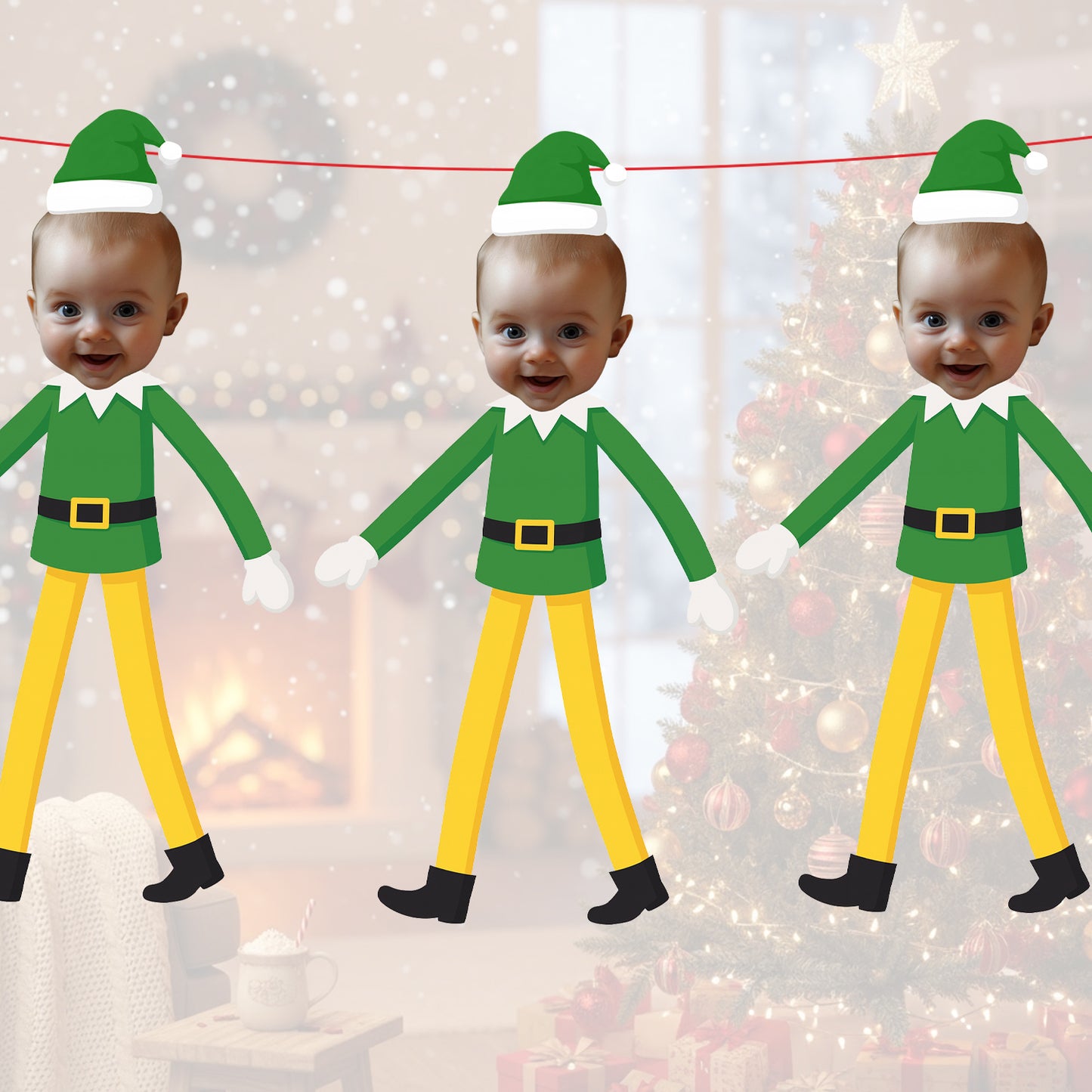 Personalised Buddy Elf on the Shelf Christmas Banner Custom Photo Face Bunting Xmas Decoration Green Yellow Buddy Garland Festive Background