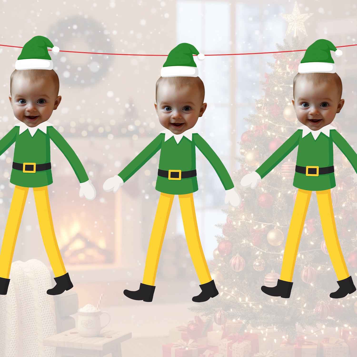 Personalised Buddy Elf on the Shelf Christmas Banner Custom Photo Face Bunting Xmas Decoration Green Yellow Buddy Garland Festive Background