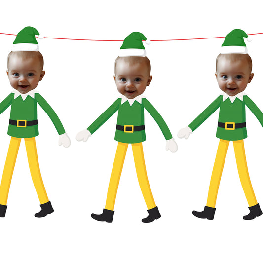 Personalised Buddy Elf on the Shelf Christmas Banner Custom Photo Face Bunting Xmas Decoration Green Yellow Buddy Garland