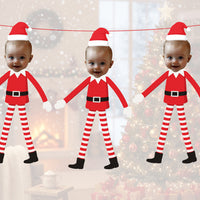 Personalised Elf on the Shelf Christmas Banner Custom Photo Face Bunting Xmas Decoration Red White Garland Festive Background