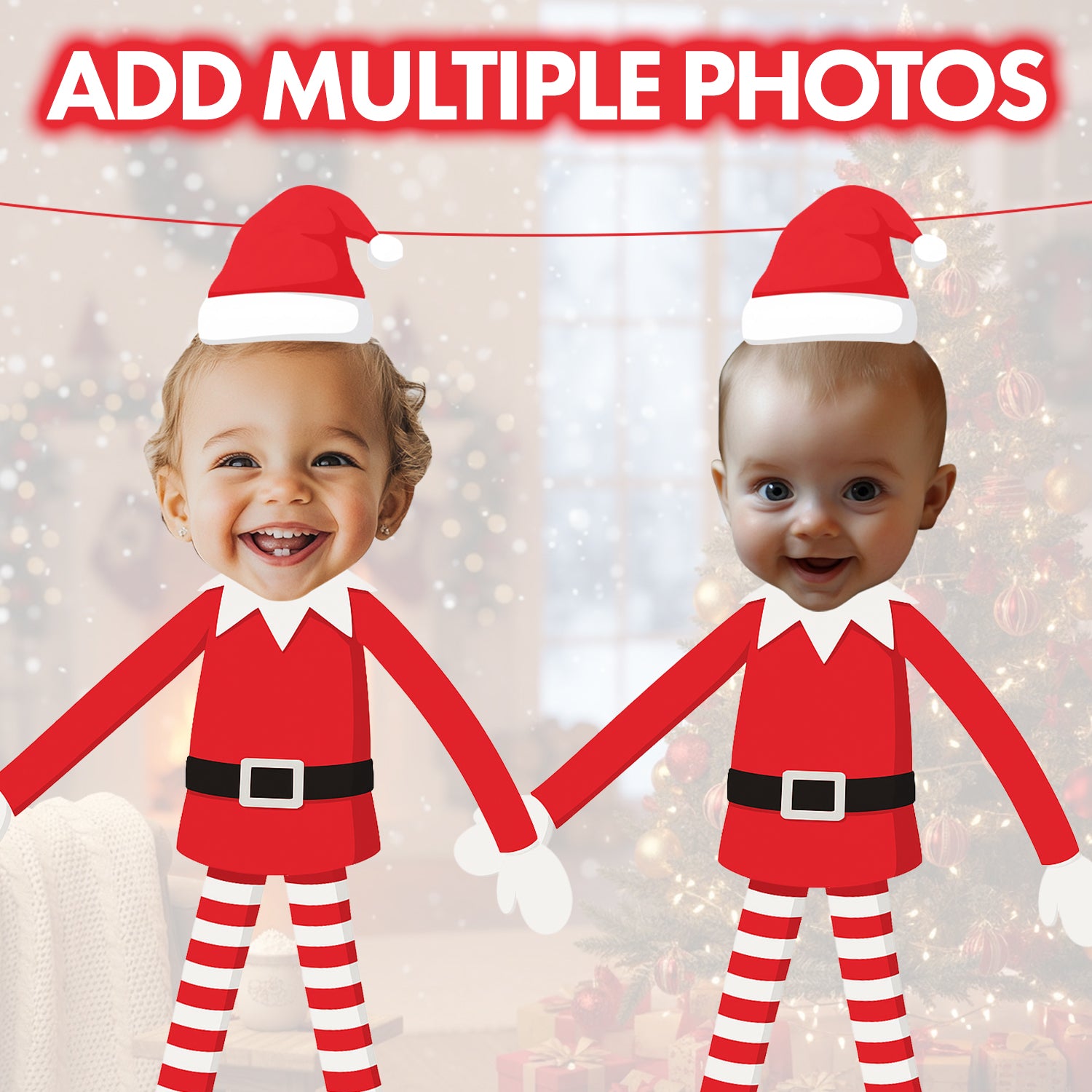 Personalised Elf on the Shelf Christmas Banner Custom Photo Face Bunting Xmas Decoration Red White Garland Festive Background Multiple Photos