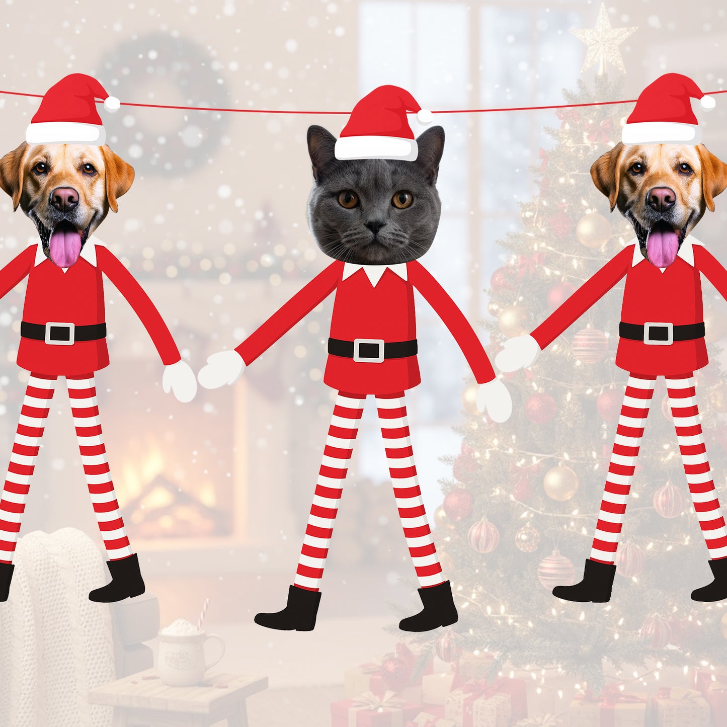 Personalised Pet Elf on The Shelf Banner Two dogs and a cat wearing red and white outfits with Santa hats against a festive background.