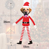 Personalised Pet Elf on The Shelf Banner Dog wearing a Christmas elf costume with measurements against a festive background