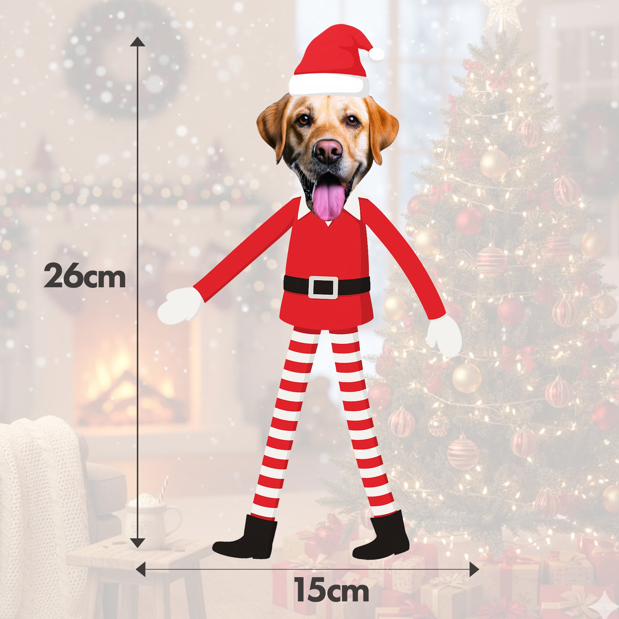 Personalised Pet Elf on The Shelf Banner Dog wearing a Christmas elf costume with measurements against a festive background