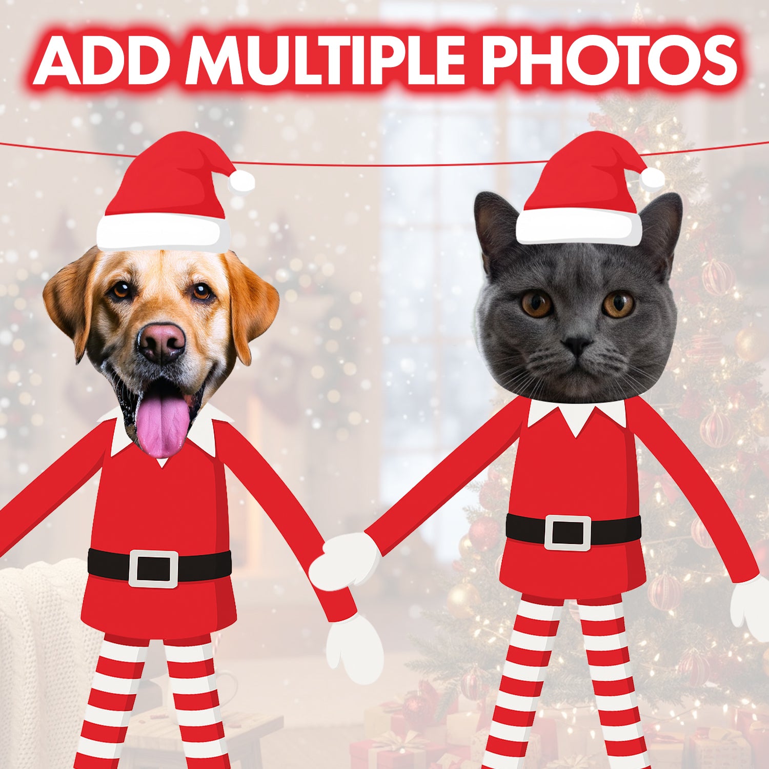 Personalised Pet Elf on The Shelf Banner Dog and cat wearing Santa outfits with a festive background
