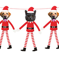Personalised Pet Elf on The Shelf Banner Two dogs and a cat wearing red elf outfits with striped pants on a white background.