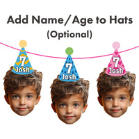 Personalised kids birthday party banner with custom photo faces wearing colourful party - add a name or age to the hats 