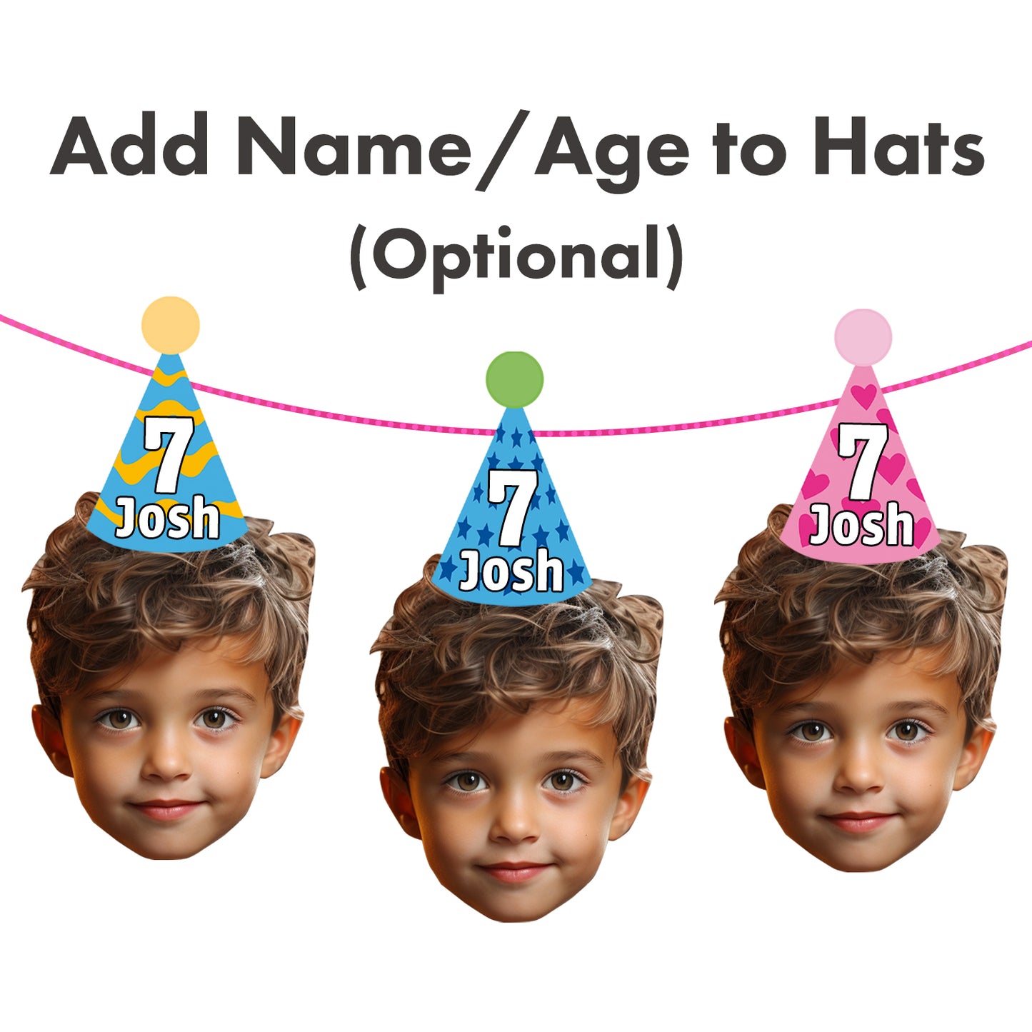 Personalised kids birthday party banner with custom photo faces wearing colourful party - add a name or age to the hats 
