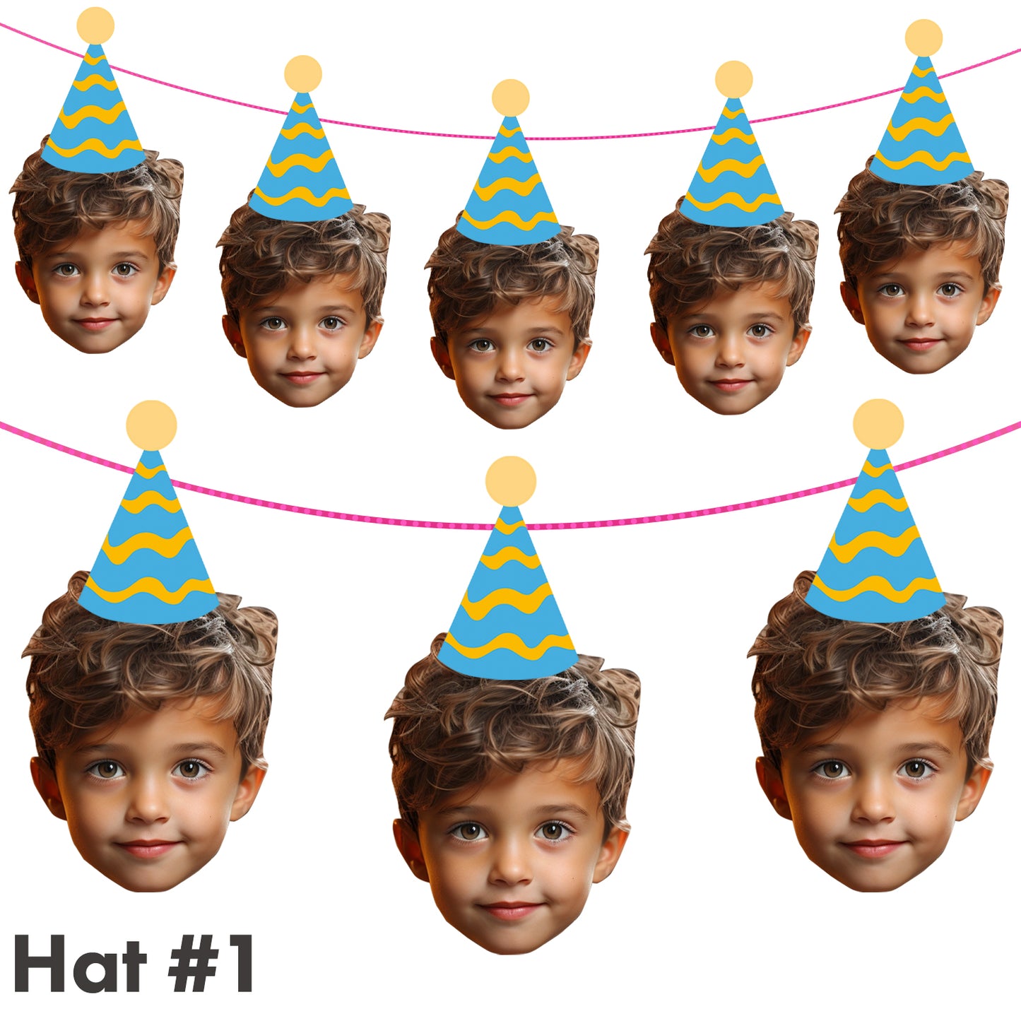 Multiple cutouts of a child wearing a blue party hat with yellow accents on a white background.