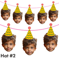 Multiple cutouts of a child wearing a green party hat with yellow zigzag pattern on a white background.
