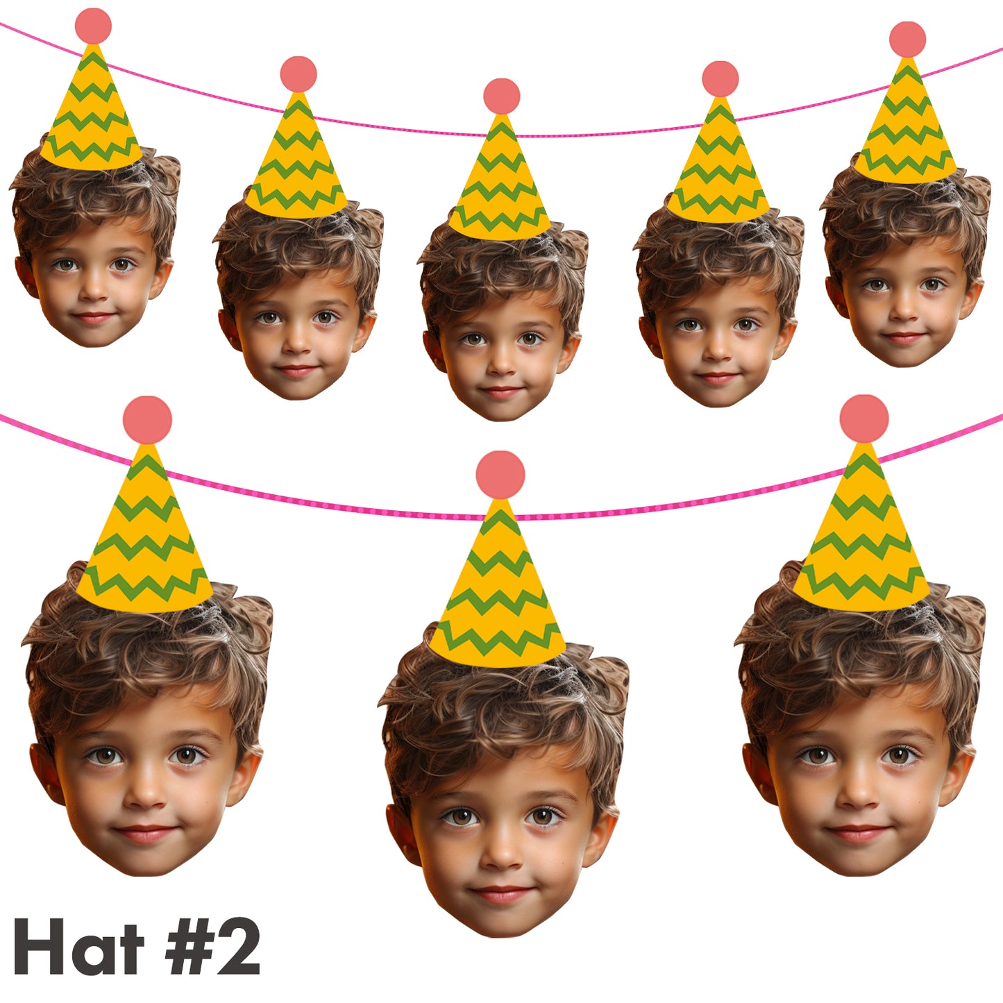 Multiple cutouts of a child wearing a green party hat with yellow zigzag pattern on a white background.