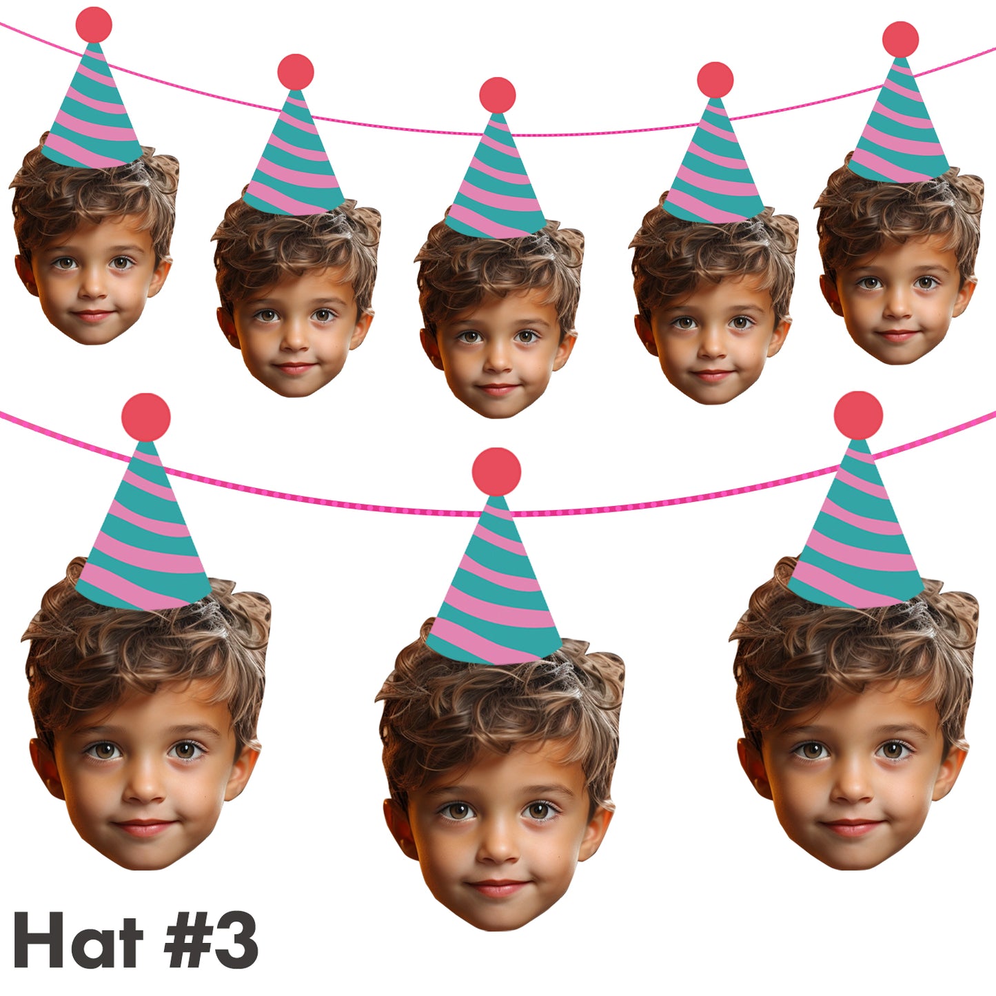 Multiple cutouts of a child wearing a party hat with a decorative string in the background.