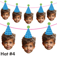 Multiple cutouts of a boy wearing a blue party hat with star patterns on a white background.