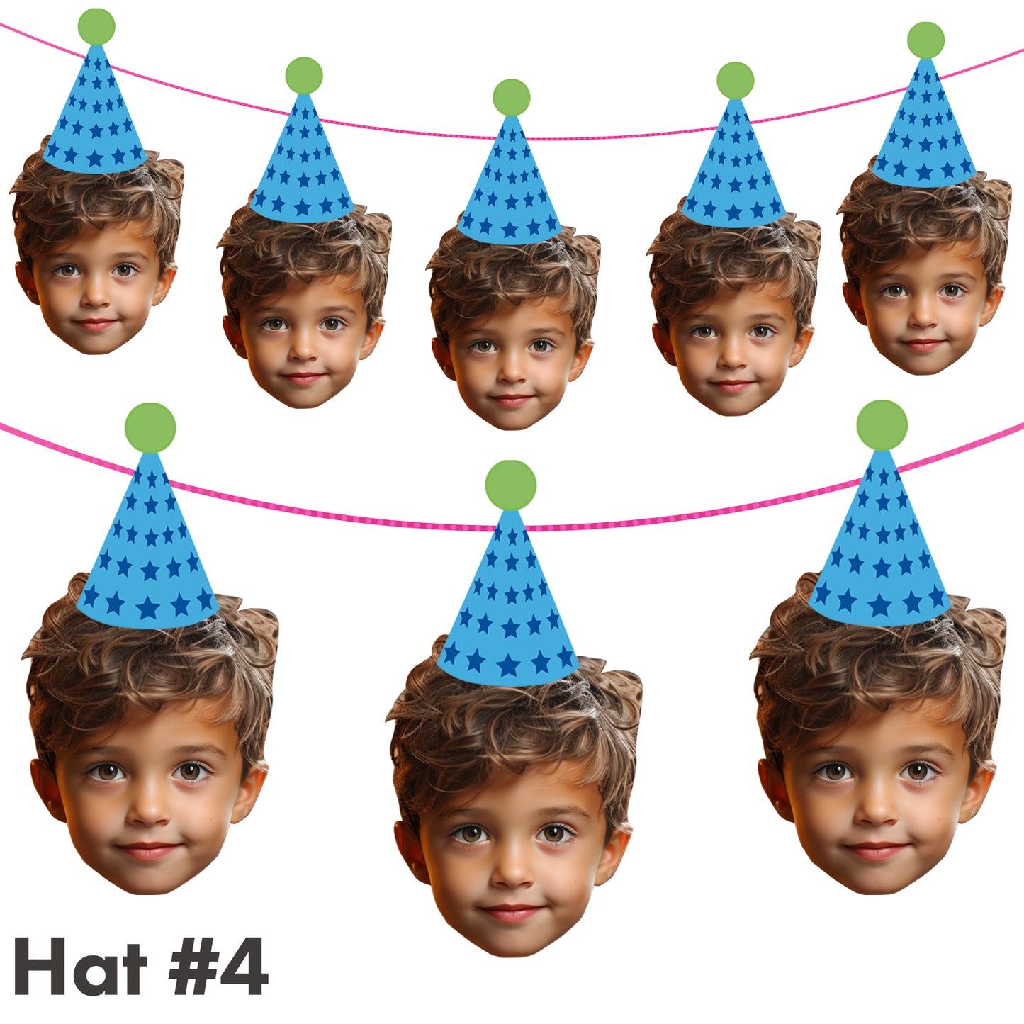 Multiple cutouts of a boy wearing a blue party hat with star patterns on a white background.