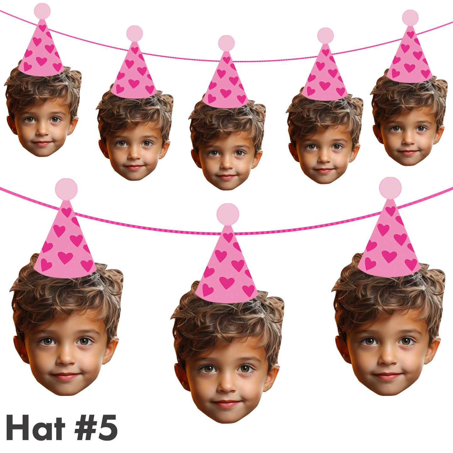 Multiple cutouts of a child wearing a pink party hat with heart patterns on a white background.