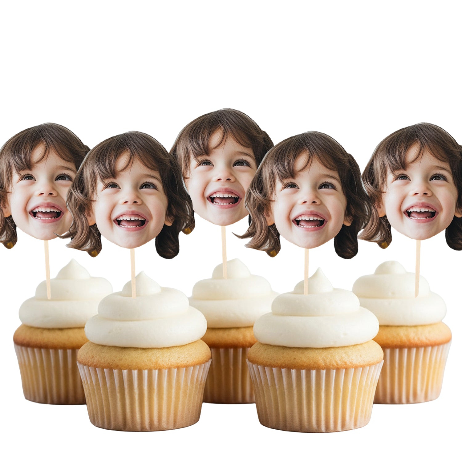 Personalised Photo Face Cake Toppers Pack of 5 stick inside of cupcakes