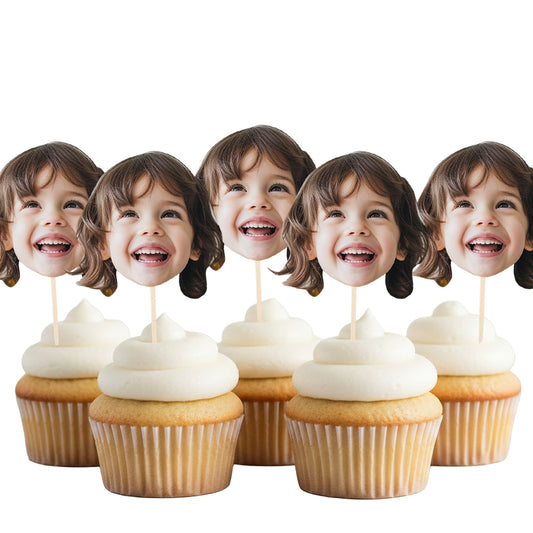 Personalised Photo Face Cake Toppers Pack of 5 stick inside of cupcakes