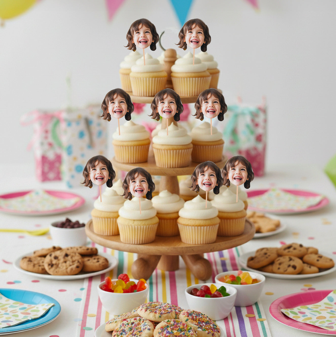 Personalised Photo Face Cake Toppers Pack of 5 stick inside of cupcakes sitting atop party cake and cupcakes