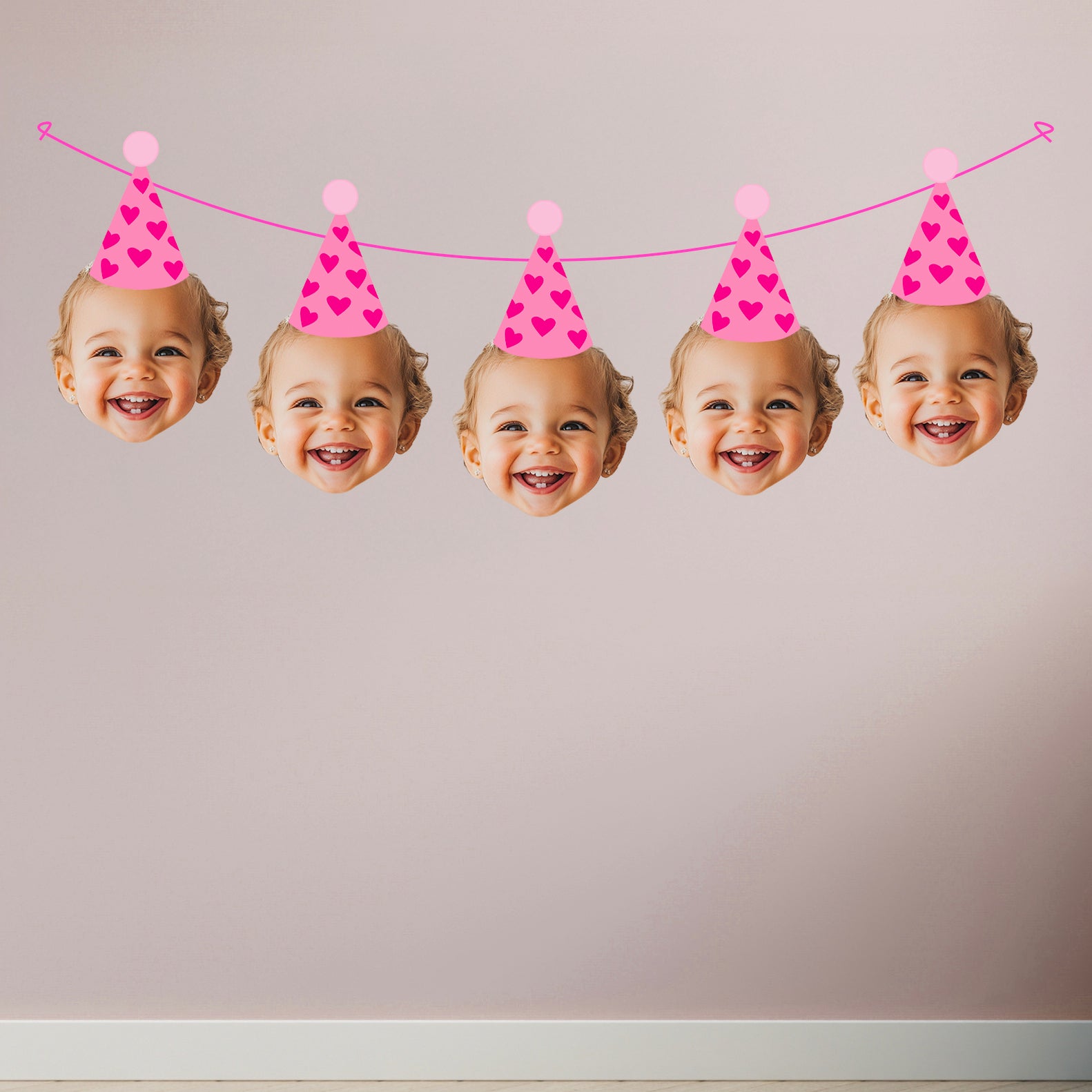 Personalised Pink Heart Birthday Party Banner Custom Photo Image on the wall of party