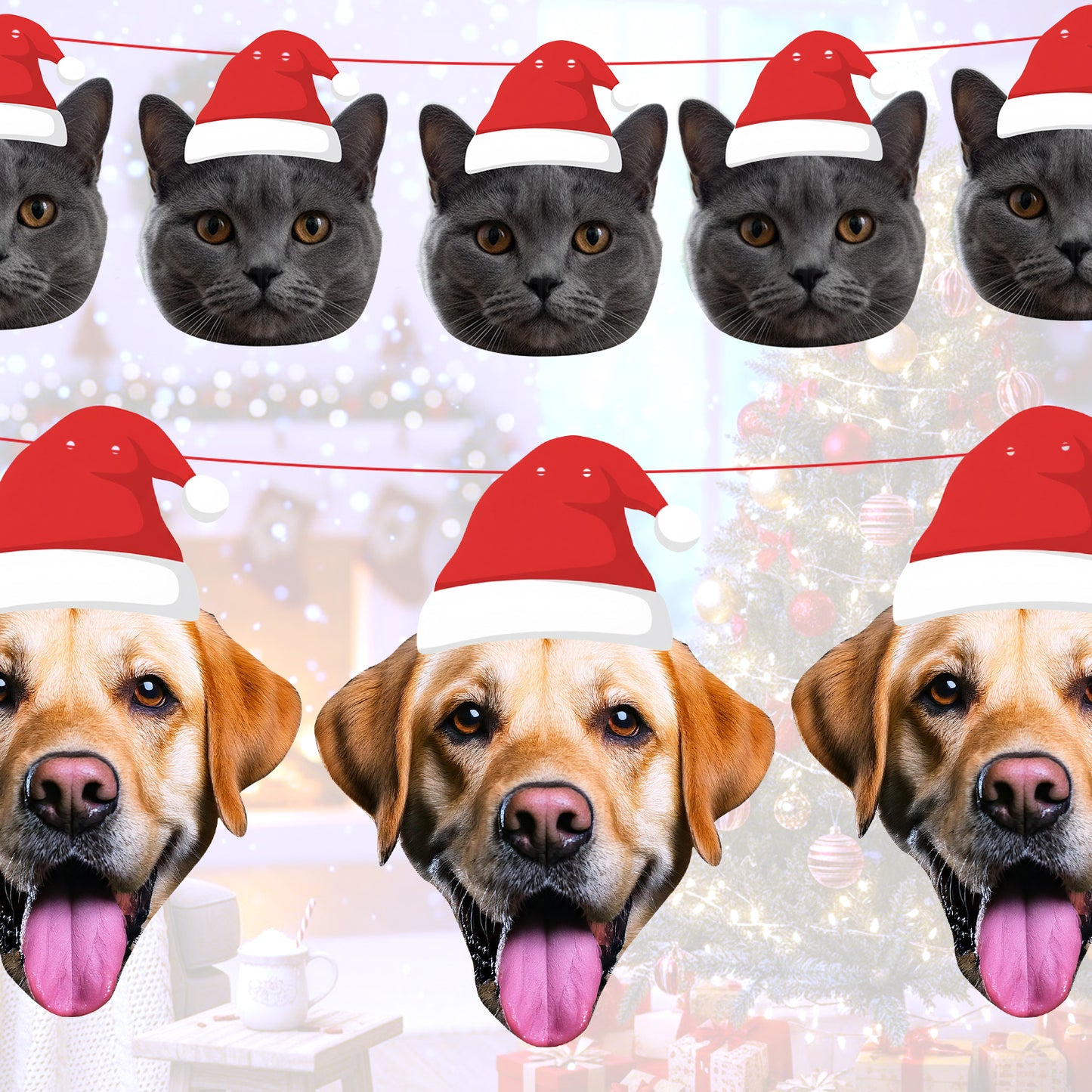 Personalised Pet Santa Hat Banner Pattern of cats and dogs wearing Santa hats with a Christmas tree background.