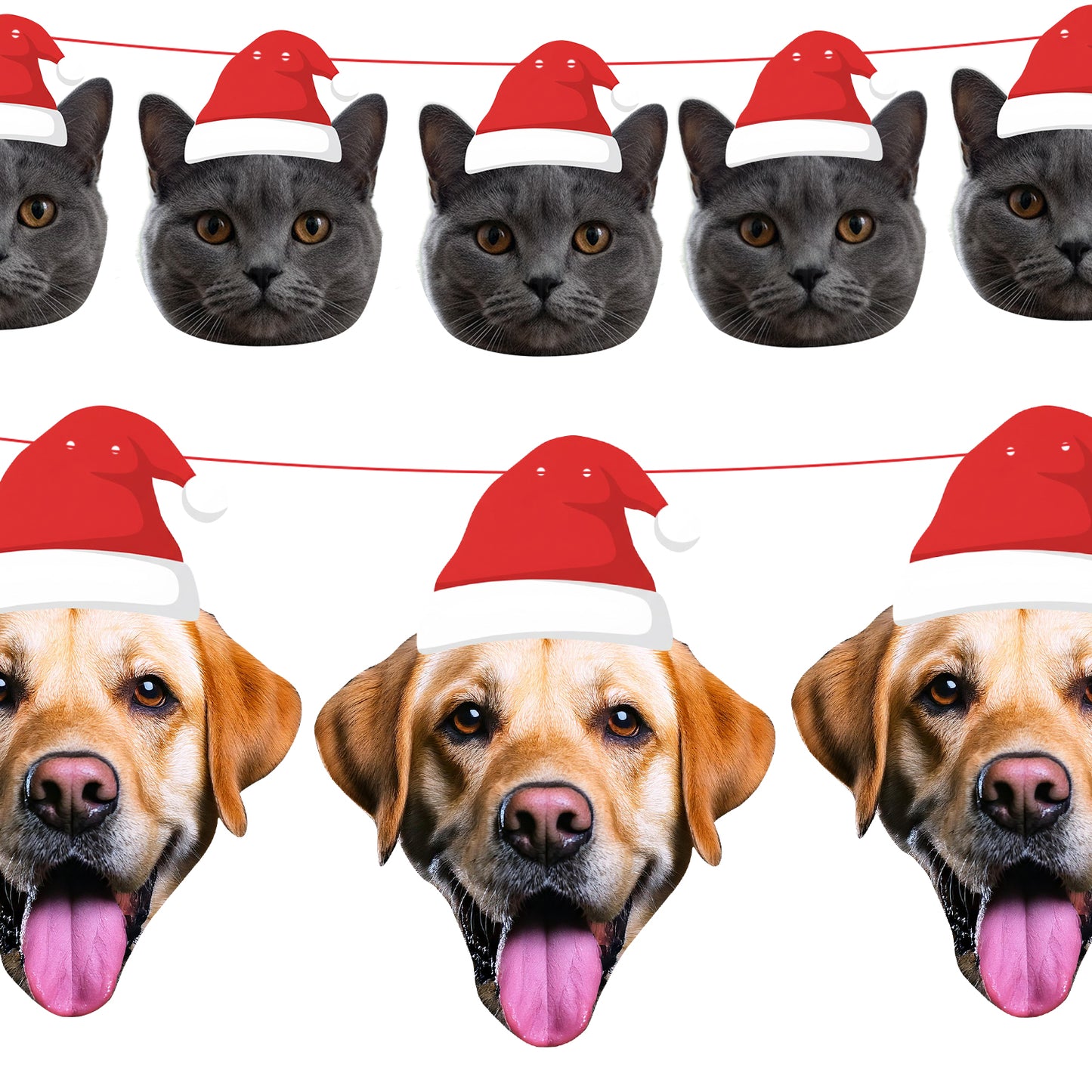 Personalised Pet Santa Hat Banner Pattern of cats and dogs wearing Santa hats on a white background