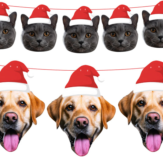 Personalised Pet Santa Hat Banner Pattern of cats and dogs wearing Santa hats on a white background