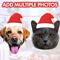 Personalised Pet Santa Hat Banner Two animals, a dog and a cat, wearing Santa hats with a festive background.