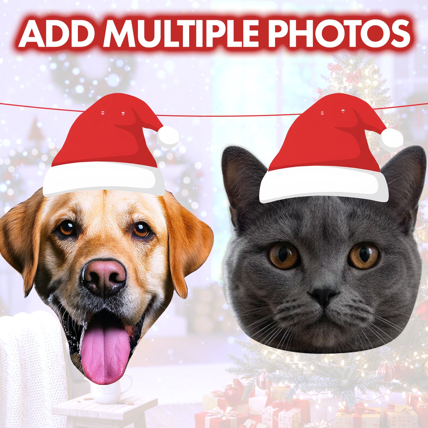 Personalised Pet Santa Hat Banner Two animals, a dog and a cat, wearing Santa hats with a festive background.