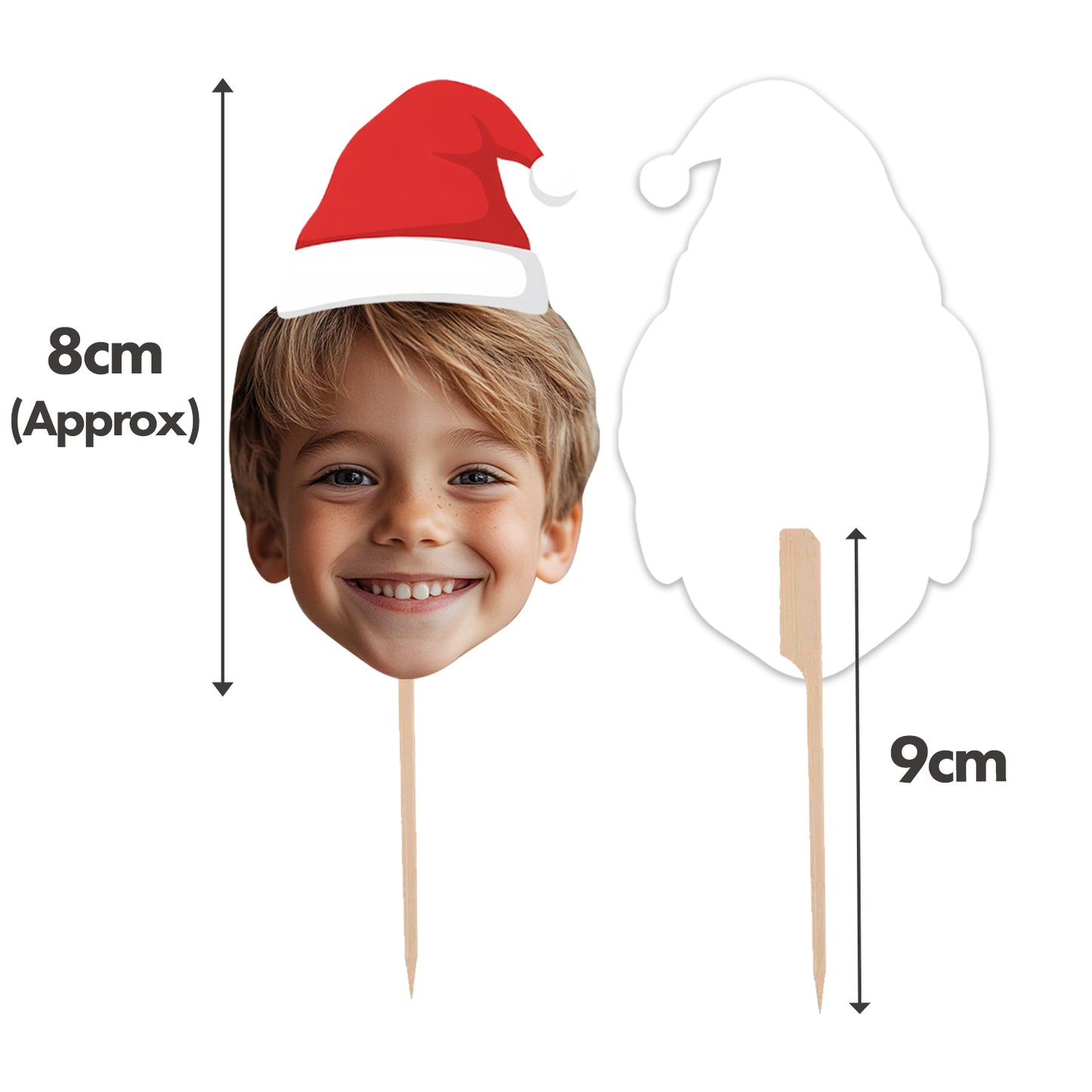 Cardboard cutout of a child wearing a Santa hat with dimensions indicated.