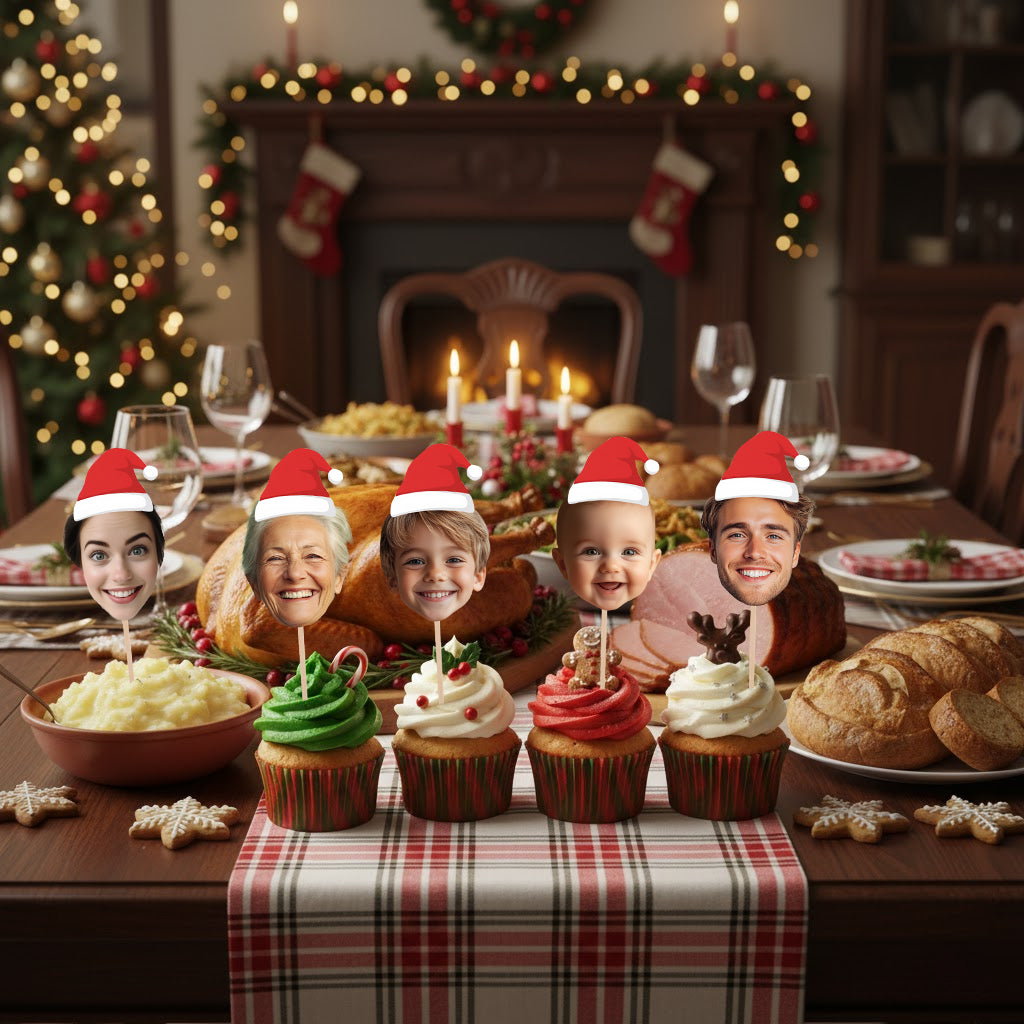 Christmas-themed table setting with cupcakes and faces on top, decorated room with tree and fireplace.