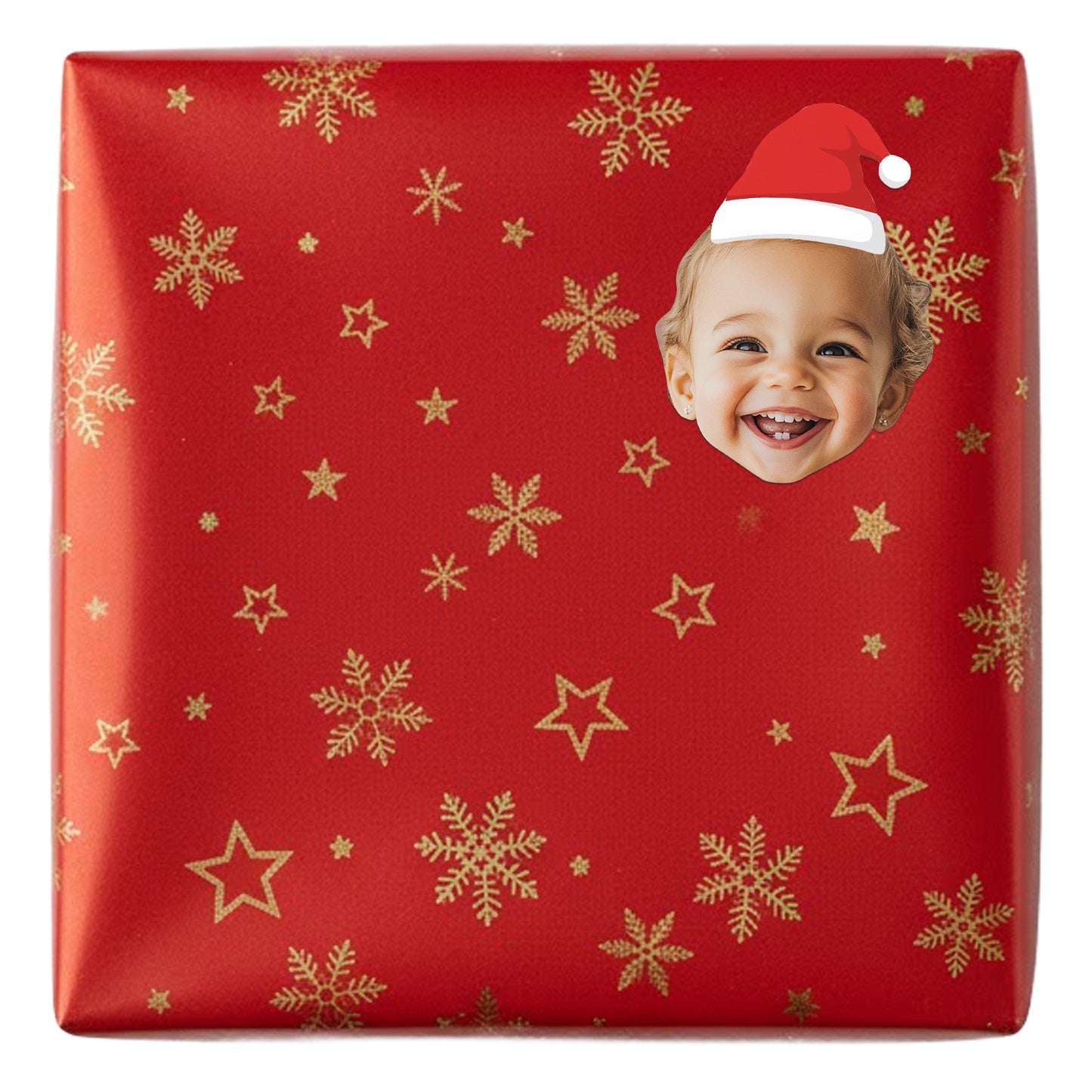 Red gift box with gold snowflakes and stars, featuring a child's face and Santa hat. Personalised Santa Hat Gift Label Sticker